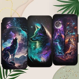 WOLF FULL MOON STARS PHONE CASE FLIP WALLET PHONE CASE FOR IPHONE SAMSUNG PIXEL - Picture 1 of 8