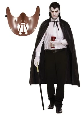 Hannibal Lecter Mask with Halloween Black Cape Spooky Scary Party Fancy Dress  - Image 1 of 3