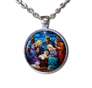 Jesus Nativity Faux Stained Glass - Handmade Round Glass Pendant Necklaces - Picture 1 of 10