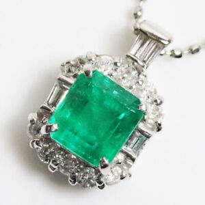 Pt Platinum Necklace PT900 Diamond Emerald E0.81ct D0.21 #042