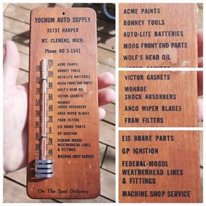 Raro termómetro de madera vintage Clemens MI pinturas cabeza de lobo Monroe Anco Fram Moog - Imagen 1 de 4