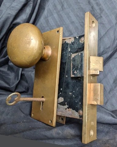 Antique Vintage Old Heavy SOLID Cast Bronze Door Lock Lockset Knob Plate Key Cover