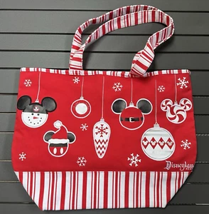 Disney Parks Christmas Holiday Ornaments Mickey Red Canvas Tote Bag 20" Preowned - Picture 1 of 13