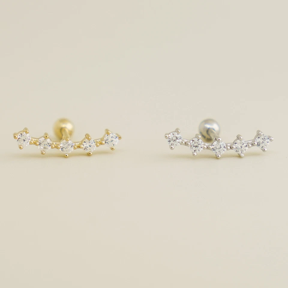 Pendiente de cartílago hélice escalador circonita cúbica de cinco piedras oro macizo real de 14K 18G Foto 1 de 4