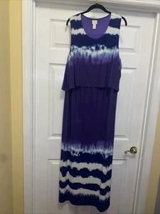 Chicos Size 4 US 18/20 Bib Maxi Dress Purple Multi Blended Tye Dye Stretch - Picture 1 of 9