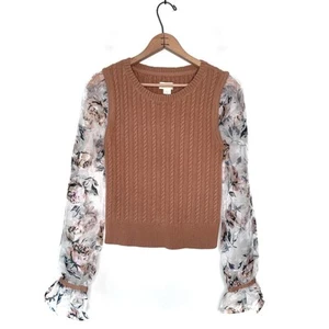 Anthropologie Maeve Woman's Contrast-Sleeve Sweater Cable Knit Sheer Floral Sz S - Picture 1 of 10