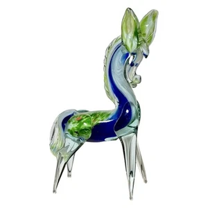 Hermosa estatuilla de caballo de vidrio artístico estilo Murano vintage verde y azul MCM - Imagen 1 de 4