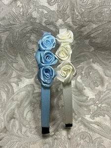 Blue & Ivory Satin Flower Adorable Hair Ribbon Girl Headband Hair Accessory Set - Picture 1 of 5