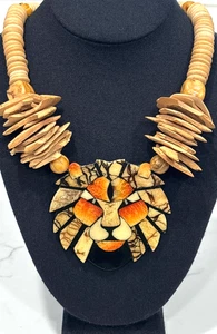 Lee Sands Halskette Löwe Anhänger Mosaik Holz Perlen JCPenney Hawaii 20" - Bild 1 von 11