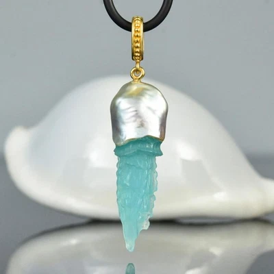 Qualle Geschnitzter Chalzedon Süd See Perle Anhänger Gold Vermeil Sterling 4.89g - Bild 1 von 4