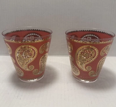 Juego de 2 vasos antiguos Culver LTD vintage rojo cachemira oro 22K MCM barware Foto 1 de 4