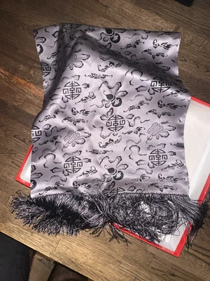 SHANGHAI TANG Silver Gray Silk Fringe 64" x 13" Shawl Scarf with Box - Image 1 of 4