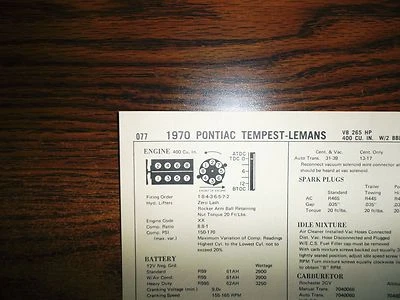 1970 Pontiac Tempest LeMans 265 HP 400 CI V8 2BBL SUN Tune Up Chart Great Shape! - Image 1 of 4