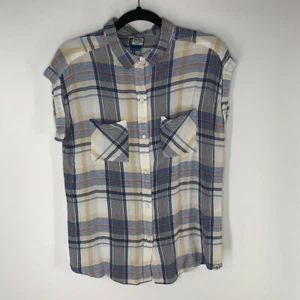 Camisa para mujer KAVU sin mangas con botones azul bronceado blanco a cuadros playa vibraciones pequeña - Imagen 1 de 8