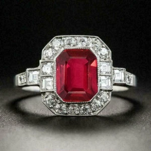 Schöne Damen 3 Kt Smaragd Rot Rubin Diamant Halo Verlobungsring Weißgold-Finish - Bild 1 von 9