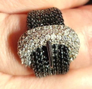 Vtg Cocktail Sterling Silver Belt Buckle Black White Crystal band Ring size 8 - Picture 1 of 8