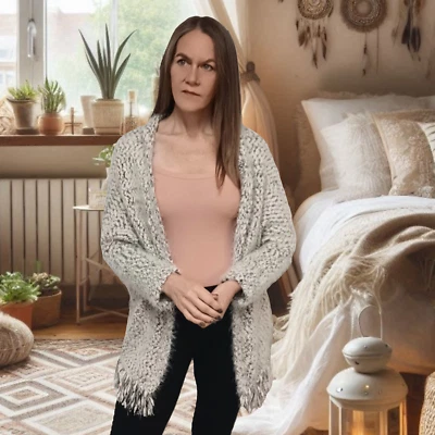 Umgee Fuzzy Grey & Black Chunky Knit Long Sleeve Open Jacket with Eyelash Fringe - Image 1 of 4