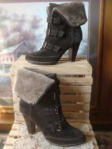 NWOB~ SOFFT SKAGEN BROWN SUEDE LEATHER W/FOLD OVER LAMB FUR CUFF ANKLE BOOTS ~8M - Picture 1 of 9