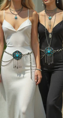 Donna Metallo Argento a Catenina Cintura Blu Turchese Perline Fiore Charm M L XL - Immagine 1 di 4