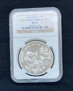 1995 China Silver Panda Small Twig Small Date 10 Yuan NGC MS 69 - Picture 1 of 2