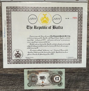 1969 Republic of Biafra Bond 1000 Pounds Sterling Bank Signed & 1 Pound Note - Picture 1 of 2