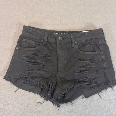Pantalones cortos de jean American Eagle High Rise Festival para mujer talla 4 2" negros desgastados Foto 1 de 4