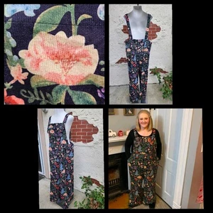 2XL New Cider Overalls Black Floral Wide Leg Jumpsuit Thin Lightweight Corduroy - Picture 1 of 17