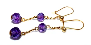 ANTIKE EDWARDIANISCHE OHRHÄNGER 9 KT GOLD FACETTENSCHLIFF AMETHYST DOPPELKUGEL TROPFEN - Bild 1 von 9