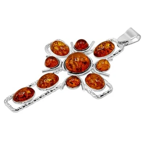 925 Massiv Reines Sterlingsilber Cognac Original Ostsee Bernstein Großes Kreuz Anhänger - Bild 1 von 8