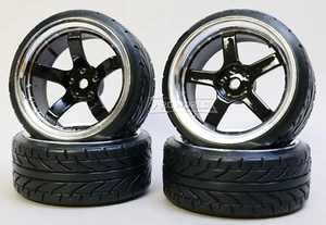 RC 1/10 DRIFT Wheels 5 Star BLACK mit Chrome Lip STAGGER 3+9mm Drift Profil -4 Stück - Bild 1 von 6