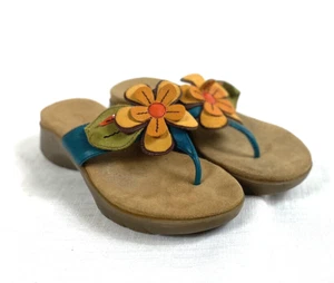 Aerosoles First Pace Leather Thong Wedge Sandals Size 6B Floral Blue Multi Color - Picture 1 of 14