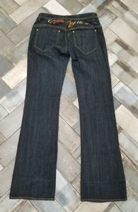 Jeans vintage fondo mela donna 7/8 blu svasato vita bassa lavaggio scuro ricamato - Foto 1 di 14