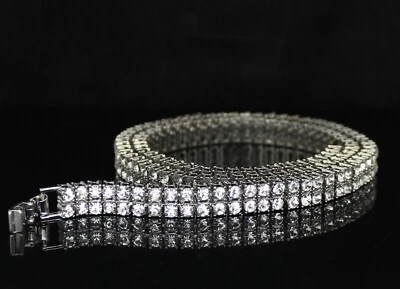 Men Women 2 Row Iced Tennis Necklace Silver Plated Choker Chain Cz Hip Hop - Image 1 of 4