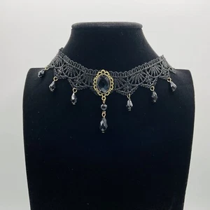Halskette Gothic Choker Schmuck Retro Schwarz Spitze Strass Antik Goldfarben 12" - Bild 1 von 6
