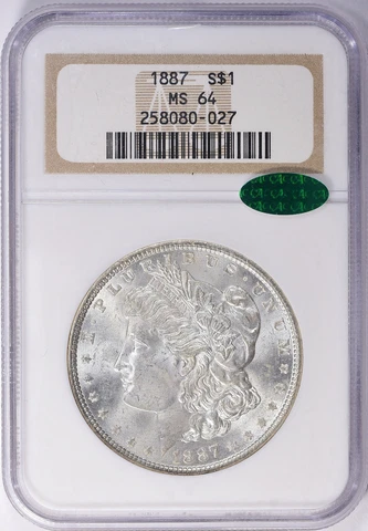 1887 Morgan Silver Dollar - NGC MS-64 CAC - Mint State 64 CAC Cover
