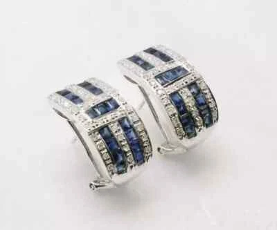 Hoop Women's Earrings 925 Sterling Silver 2.86 Ct Princess Lab-Created Sapphire - Image 1 of 3