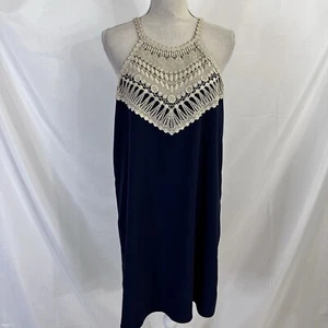 Lilly Pulitzer Pearl Soft Dress Size 8 Gold Crochet Halter True Navy - Picture 1 of 8