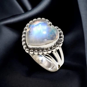 Natural Rainbow Moonstone Ring, White Gemstone Ring, 925 Sterling Silver - Picture 1 of 7