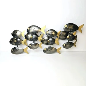 Vintage Brutalist MCM Wrought Metal Sculpture Wall Hanging School of Fish 18" - Picture 1 of 5