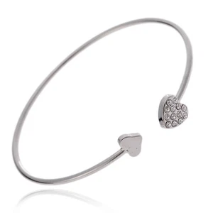 Gold/Silver Alloy Bracelet Double Heart Crystal Gift For Girlfriend Opening Cuff - Picture 1 of 25