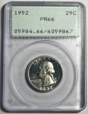 1952 PROOF WASHINGTON SILVER QUARTER GRADED PCGS PR66 OGH OLD RATTLER HOLDER - Image 1 of 2