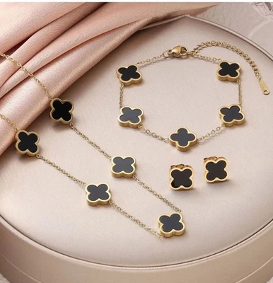 Moda Titanio Cuatro Hojas Trébol Acero Doble Cara Fritillario Conjunto de Joyería Foto 1 de 4