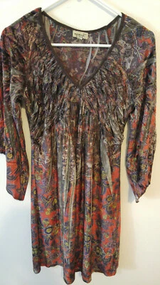One World Live Let Live Dress Brown Orange Sublimation Print Smocked Size Small - Image 1 of 4