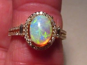   Opal and Diamond Ring     14k Yellow Gold   very bright stone  - Picture 1 of 10