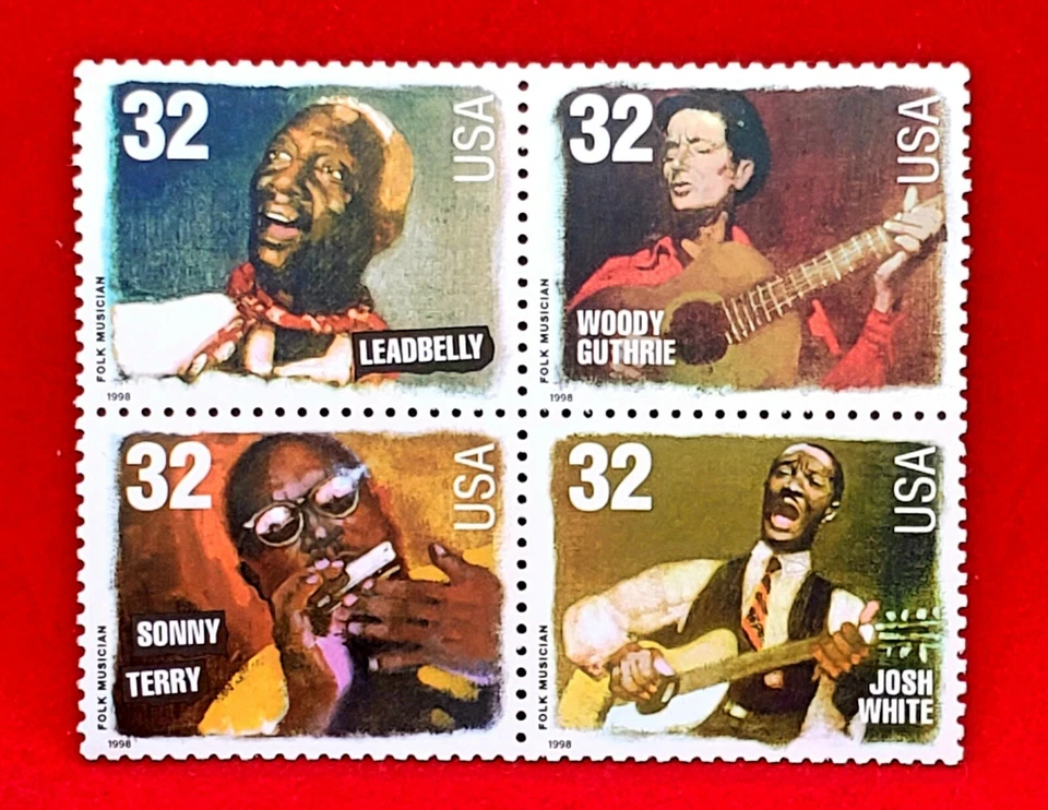 1998 Stamp Block 3215a! Folk Musicians Woody Guthrie Leadbelly Terry White BV $8 - Image 1 of 1