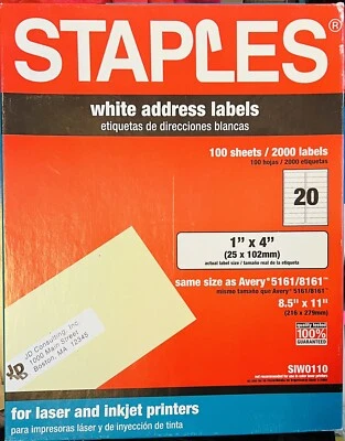 NEW STAPLES 2000 White Address Labels 1" x 4" 20 Labels/Page Avery 5161/8161 - Image 1 of 3
