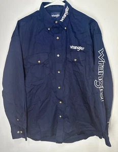 Vintage Wrangler Men's Navy Blue Wrangler Embroidered Button Down Shirt - Large - Picture 1 of 4