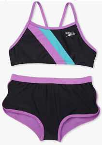 NWT Speedo Girls' Swimsuit Two Piece Bikini Boy Short Set, Black Size 8