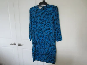 ¡HERMOSO! Vestido Royce Thompson Talla 14 Negro Floral Turquesa 100% Seda - Imagen 1 de 7