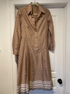 LANVIN a-line dress 1970s, Medium, camel with black dot print and geometric trim - Picture 1 of 4